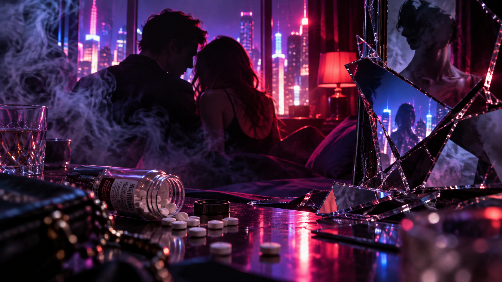 ネオンの夜景と親密な二人、散らばる錠剤を描いたキメセクの危険性を連想させるイメージ